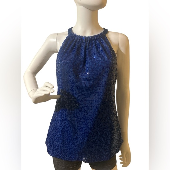 Tahari Womens M Top
Sleeveless Blue Curacao
All Over Sequins Halter
Neck NWT - Picture 3 of 10